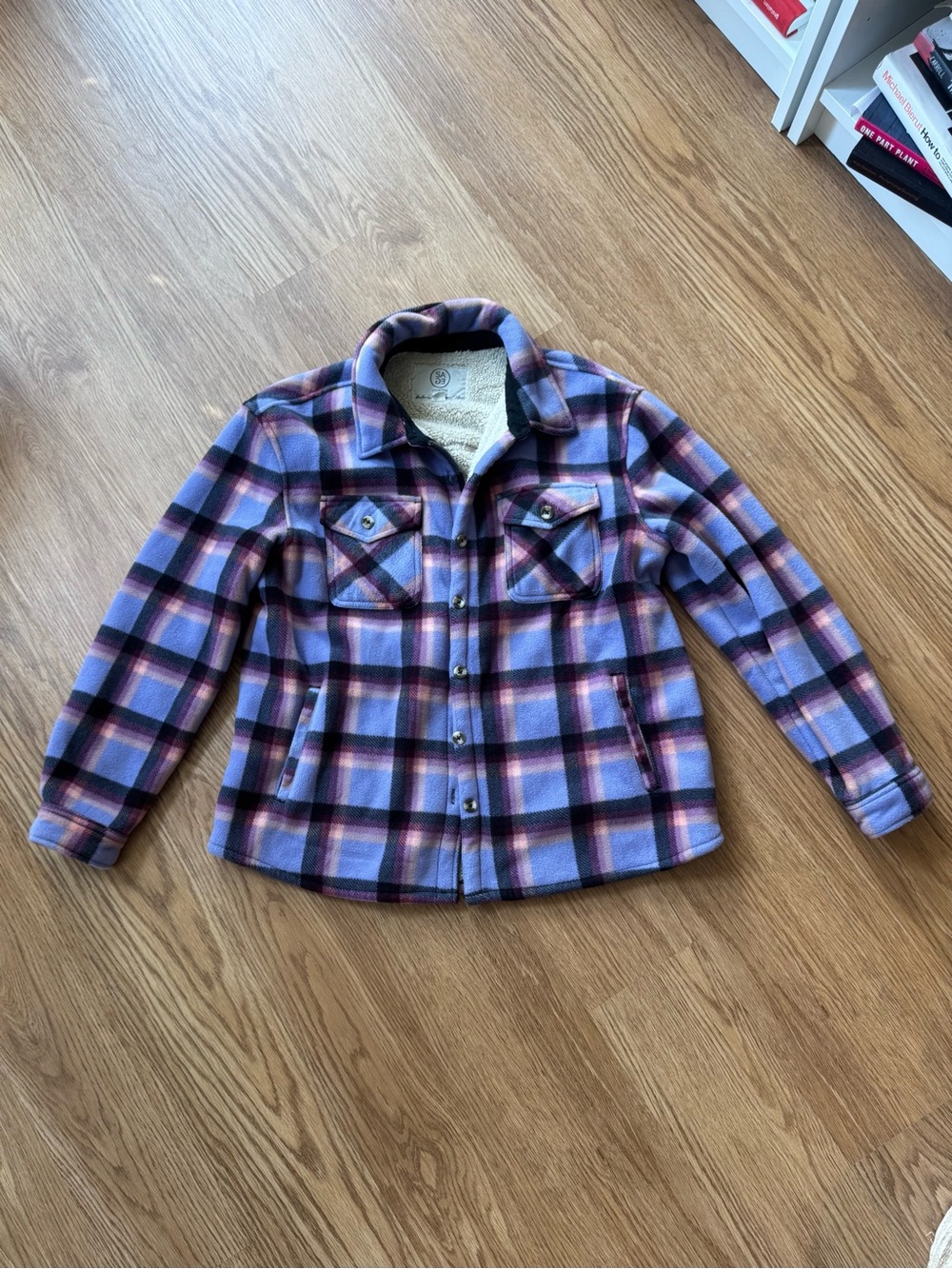 Plaid Sherpa-Lined Jacket Shacket - Purple/Pink